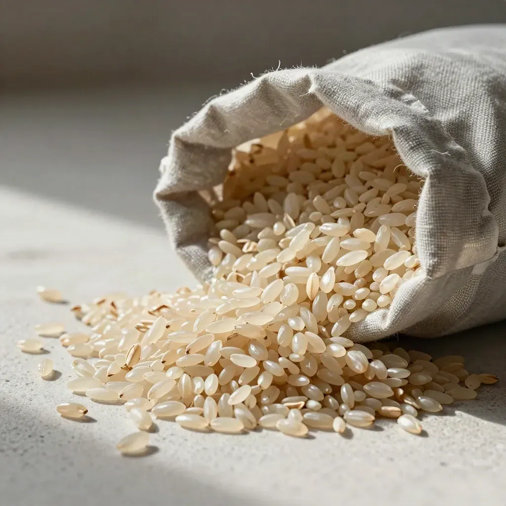 Sacchetto di riso Carnaroli avvolto nel lino con ciotola in ceramica e chicchi sparsi.