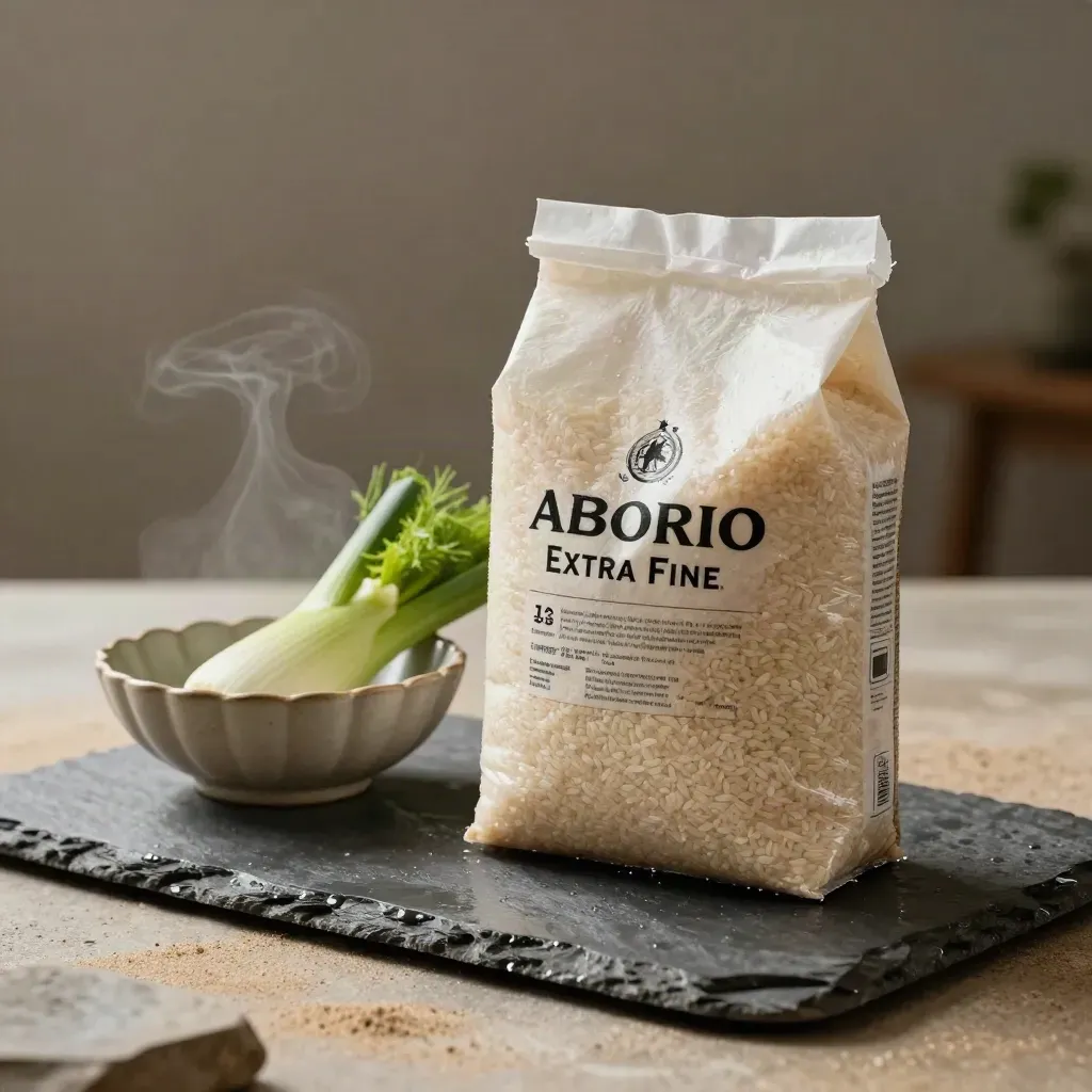 Sacco di riso Arborio su ardesia bagnata con ciotola in ceramica e finocchietto