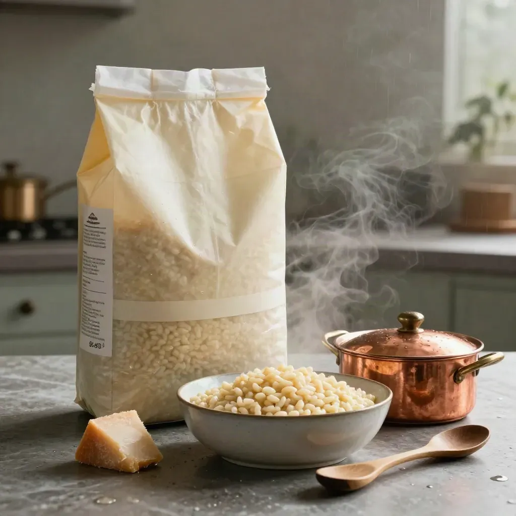 Sacco di Carnaroli con risotto fumante, coperchio in rame, scorza di Parmigiano e cucchiaio di legno.
