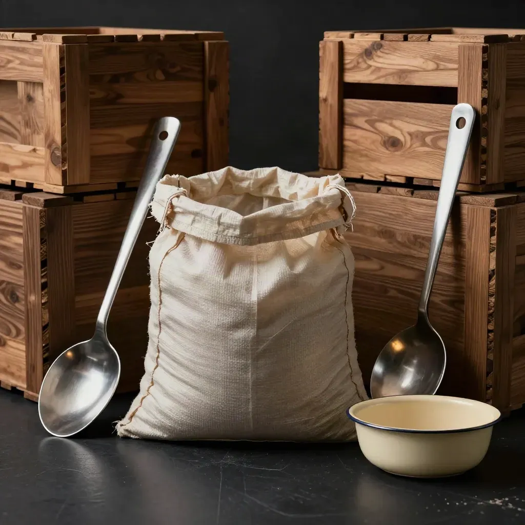 Sacco di riso catering con casse di legno, cucchiaio grande e ciotola smaltata su sfondo scuro