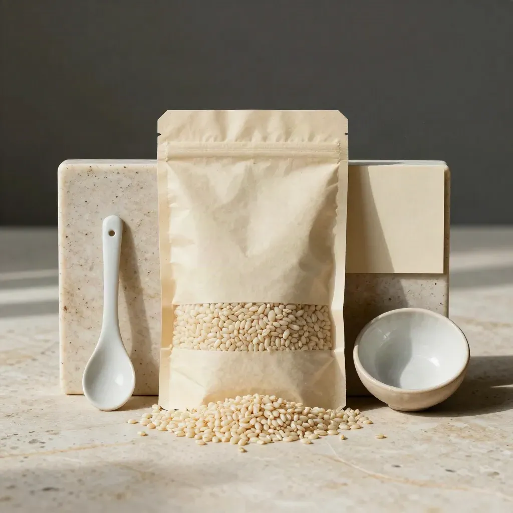 Sacchetto di riso Vialone Nano con chicchi sparsi, cucchiaio in ceramica e ciotola chiara