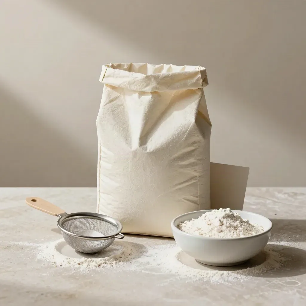 Sacchetto di farina di riso con setaccio, cucchiaio di carta e ciotola velata di farina
