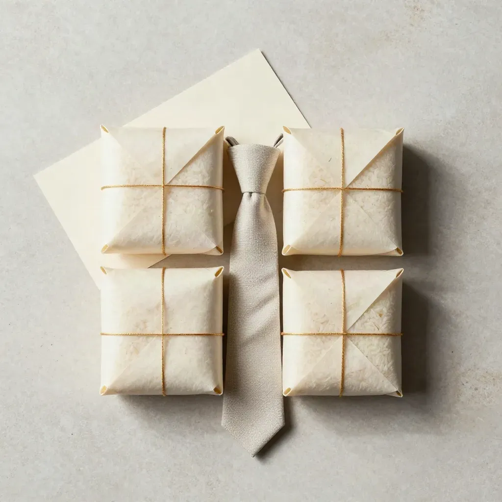 Flat lay di box degustazione con quattro pacchi di riso avvolti in carta e legati in lino.