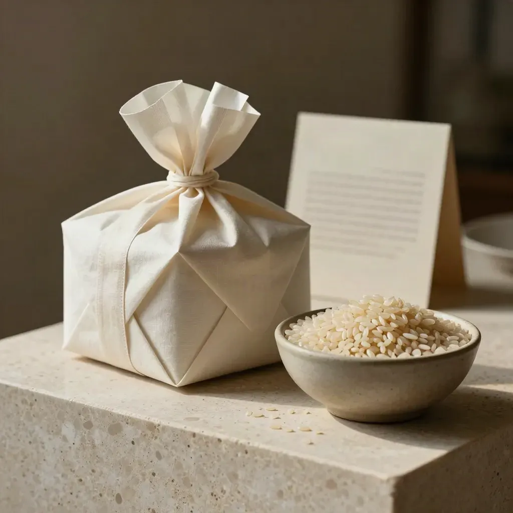Confezione regalo di riso Carnaroli con nastro, ciotola neutra e luce soffusa su pietra chiara.